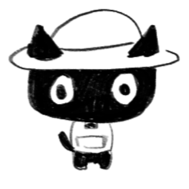 A black-and-white sketch of a wide-eyed black cat wearing a farmer hat and overalls.