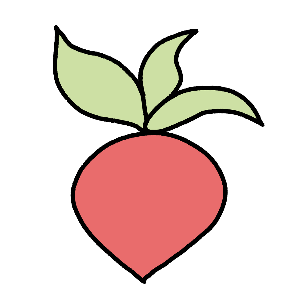 A drawing of a red radish with three green leaves.