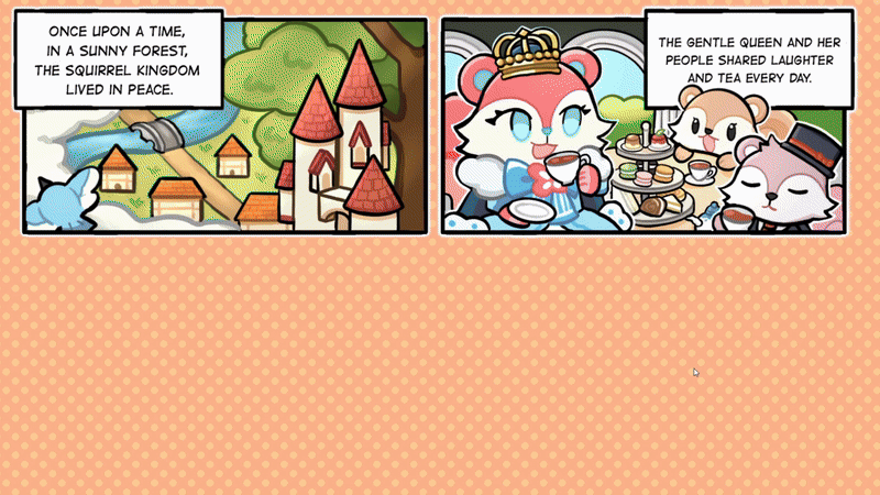 A long gif of a 2.5D RPG featuring a hero in a squirrel-tail knight helmet, colorful squirrel allies, and sneaky raccoons