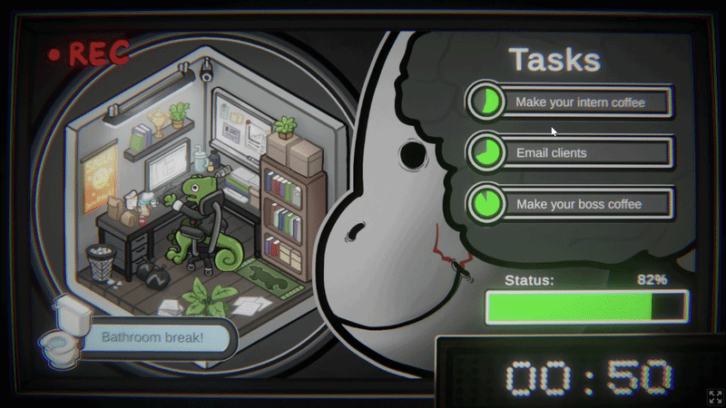 A gameplay gif of menial point-and-click tasks (checking off reports, making coffee, sending emails, downloading files) in a dreary office environment