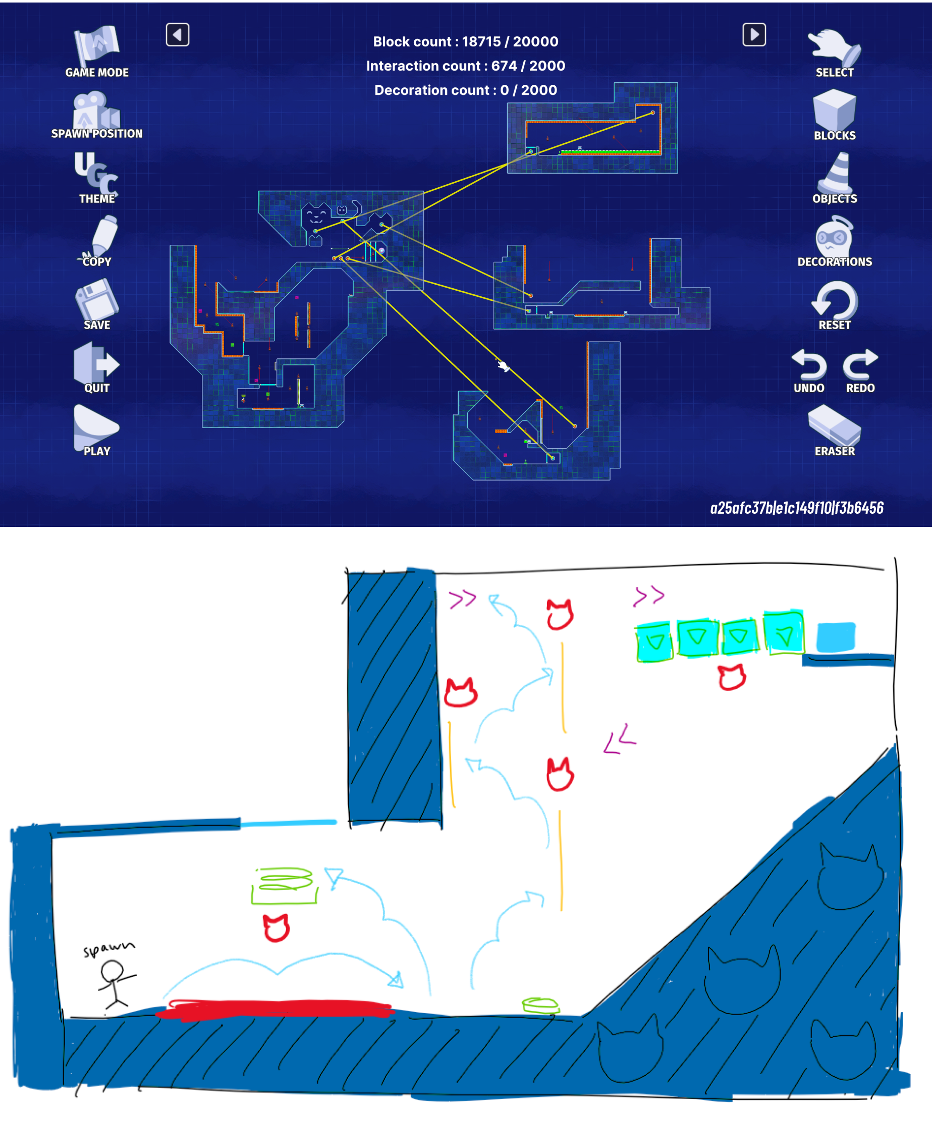 A screenshot of a level, and a sketch of a puzzle idea