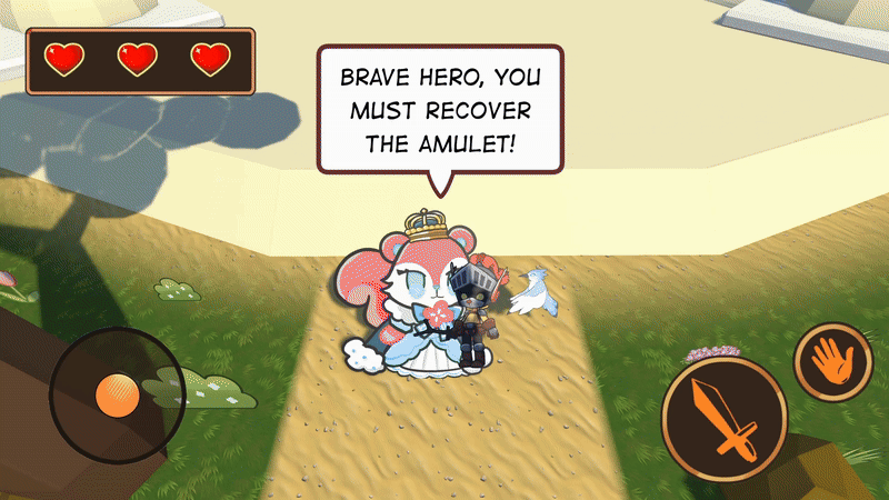 A long gif of a 2.5D RPG featuring a hero in a squirrel-tail knight helmet, colorful squirrel allies, and sneaky raccoons