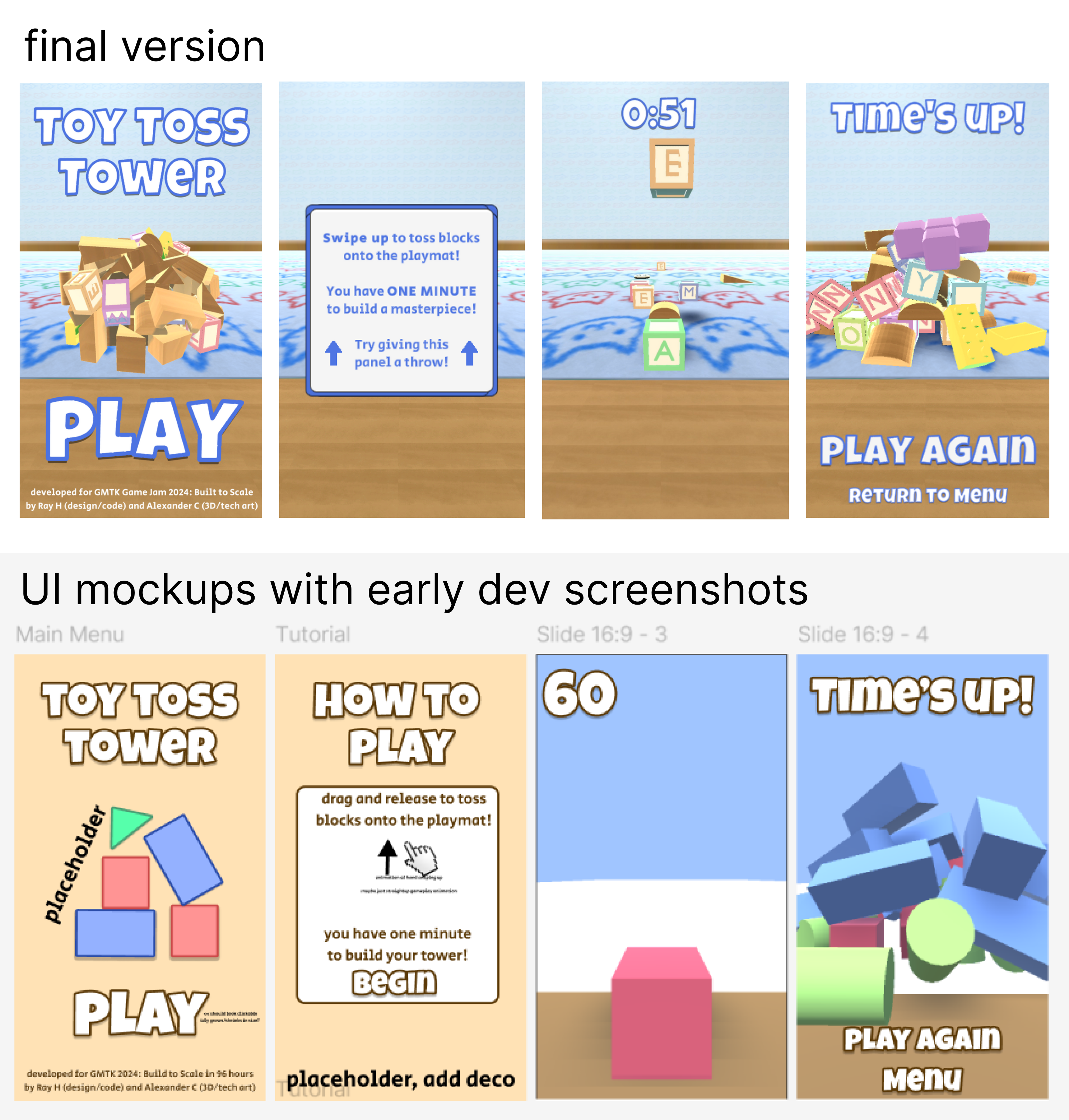 Two rows of images, with the top being the final version of the game and the bottom being UI mockups with early dev screenshots.