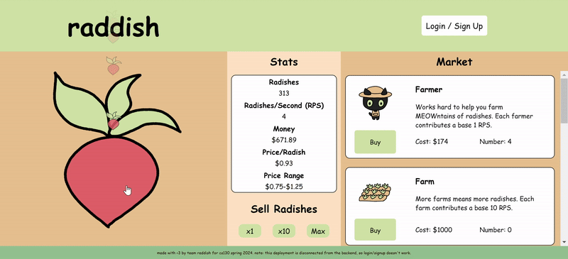 A gif of a clicker game featuring a large radish to click on. The buyable upgrades include cat farmer, farmer, taffy, Charlie the parrot, almond, lobster, and Powell cat.